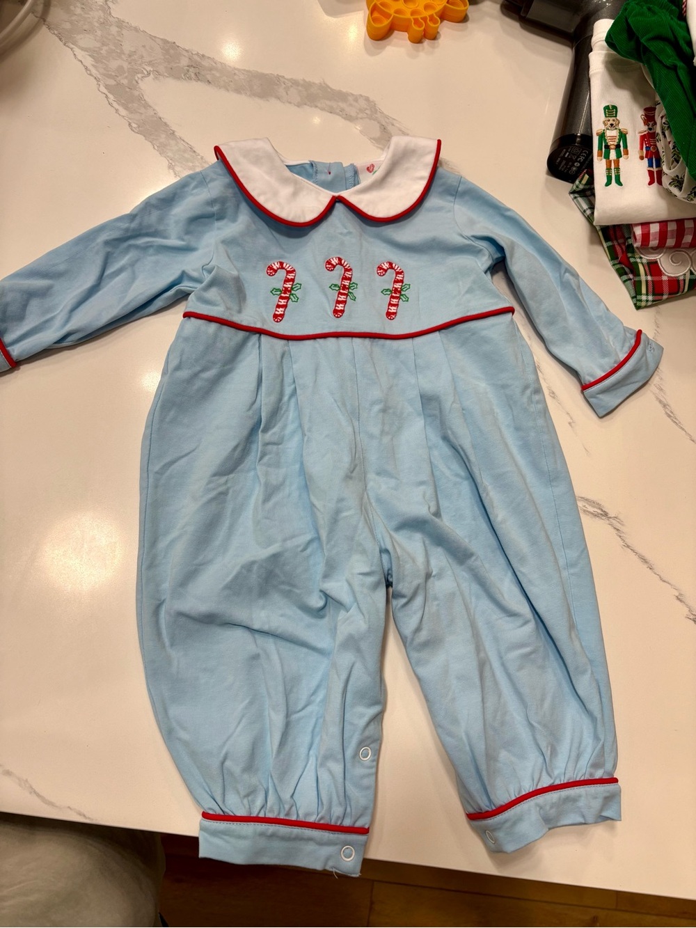 Light Blue Candy Cane Embroidered Baby One-Piece
